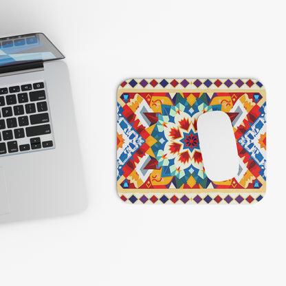 A silver laptop sits on a white surface next to an African-inspired mouse pad with a geometric, kaleidoscopic pattern. A white computer mouse rests on the vibrant desk accessory, which features a non-slip rubber base for stability in this bright, minimalistic scene.