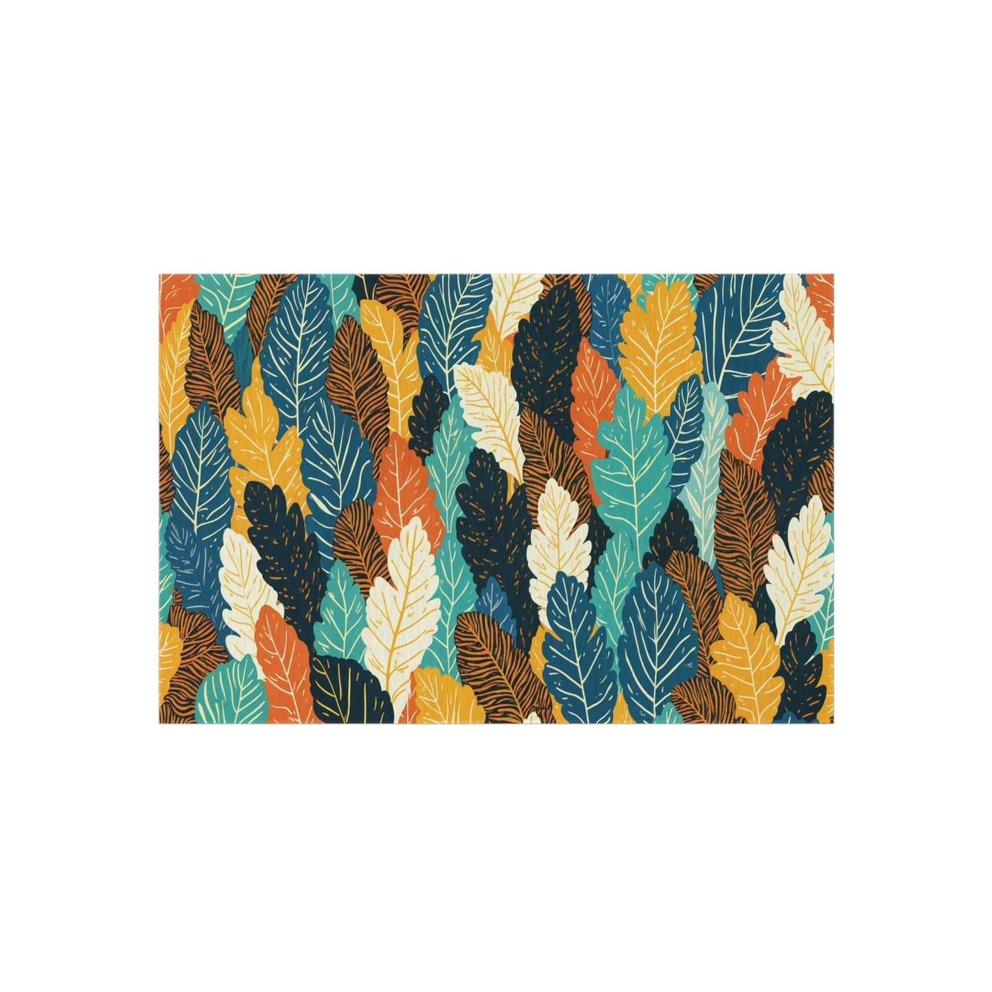 Colorful, overlapping leaves in shades of teal, yellow, orange, cream, and dark blue fill the rectangular image. Each leaf has visible veins in a contrasting color, creating a bold, vibrant African-inspired botanical pattern on a white background.
