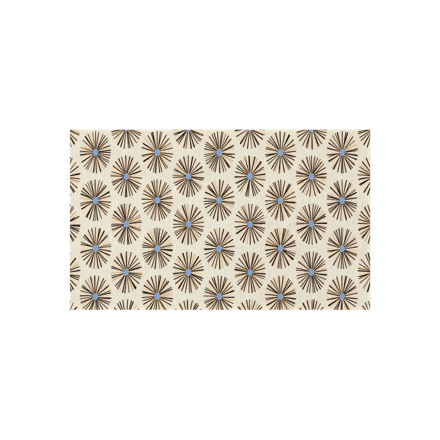 A beige rectangle features a repeating pattern of dark brown, starburst-like shapes with small blue dots at their centers, echoing authentic African art designs. The overall look is geometric and symmetrical—perfect for African-inspired outdoor rugs.