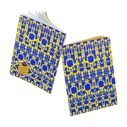 Two notebooks with bold blue and yellow abstract covers, inspired by African designs—perfect as a creative journal for daily journaling. One stands upright; the other is open to white pages. A gold label with a logo adorns the cover, all set against a plain white background.