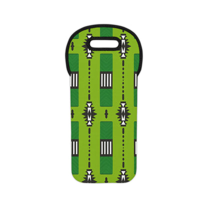A neoprene wine tote with a handle, featuring a bright green background and a geometric tribal African design in black, white, and dark green. This insulated bottle holder showcases vertical rows of rectangles, triangles, and dots.