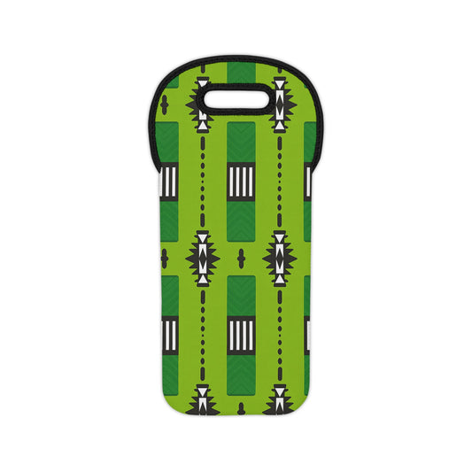 A neoprene wine tote with a handle, featuring a bright green background and a geometric tribal African design in black, white, and dark green. This insulated bottle holder showcases vertical rows of rectangles, triangles, and dots.