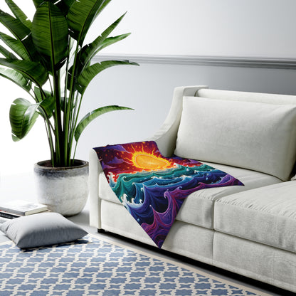 A bright room with a large potted plant, a white sofa, and a colorful customizable baby blanket featuring a vibrant sun over stylized blue and purple waves draped on the couch. A patterned blue rug and a pillow are on the floor nearby.