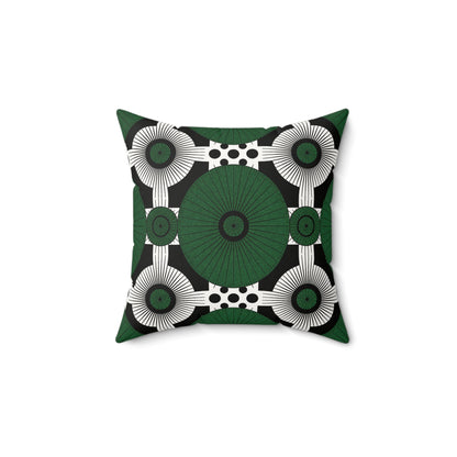 Square green and black throw pillow with a bold geometric pattern. Large green circles, radiating lines, and overlapping fan shapes create a modern, symmetrical look—perfect as an African accent pillow on your sofa or bed.
