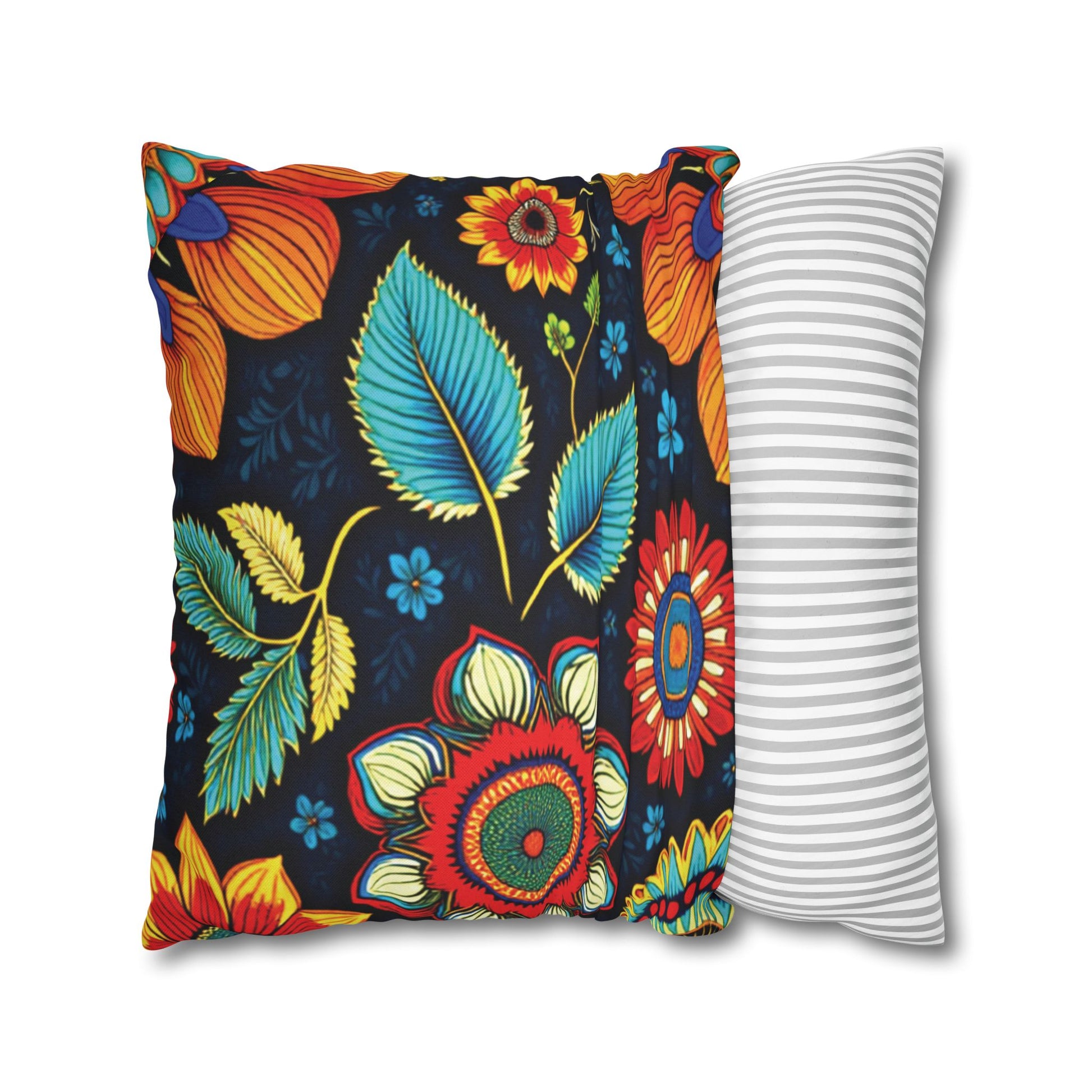 Two pillows are shown. One features vibrant pillowcases with a bold floral pattern in red, yellow, blue, and green on black. The other has a simple gray and white horizontal striped design. Both are set against a white background.