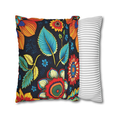 Two pillows are shown. One features vibrant pillowcases with a bold floral pattern in red, yellow, blue, and green on black. The other has a simple gray and white horizontal striped design. Both are set against a white background.