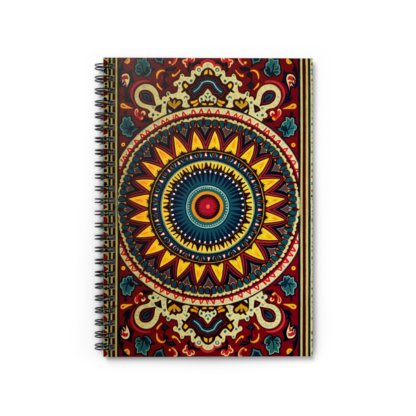 A spiral-bound notebook with a vibrant mandala cover, showcasing culturally inspired designs. The symmetrical pattern features red, yellow, blue, and gold tones with intricate motifs for a premium writing experience.