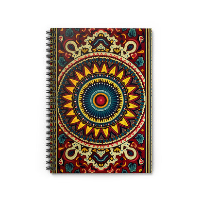 A spiral-bound notebook with a vibrant mandala cover, showcasing culturally inspired designs. The symmetrical pattern features red, yellow, blue, and gold tones with intricate motifs for a premium writing experience.