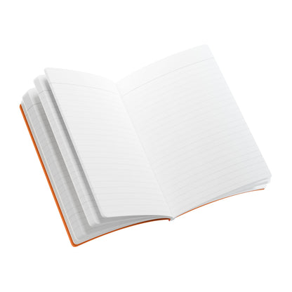 An open creative journal with a visible orange spine lies on a white background. The pages are blank except for light horizontal lines, perfect for daily journaling. Some pages are fanned out on the left side.