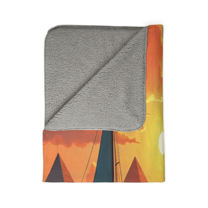 A soft sherpa fleece blanket is shown partially folded to reveal its fluffy gray underside. The top displays a colorful, African-inspired design with three pyramids and a sailboat silhouette against an orange and yellow sunset sky—perfect for home decor.