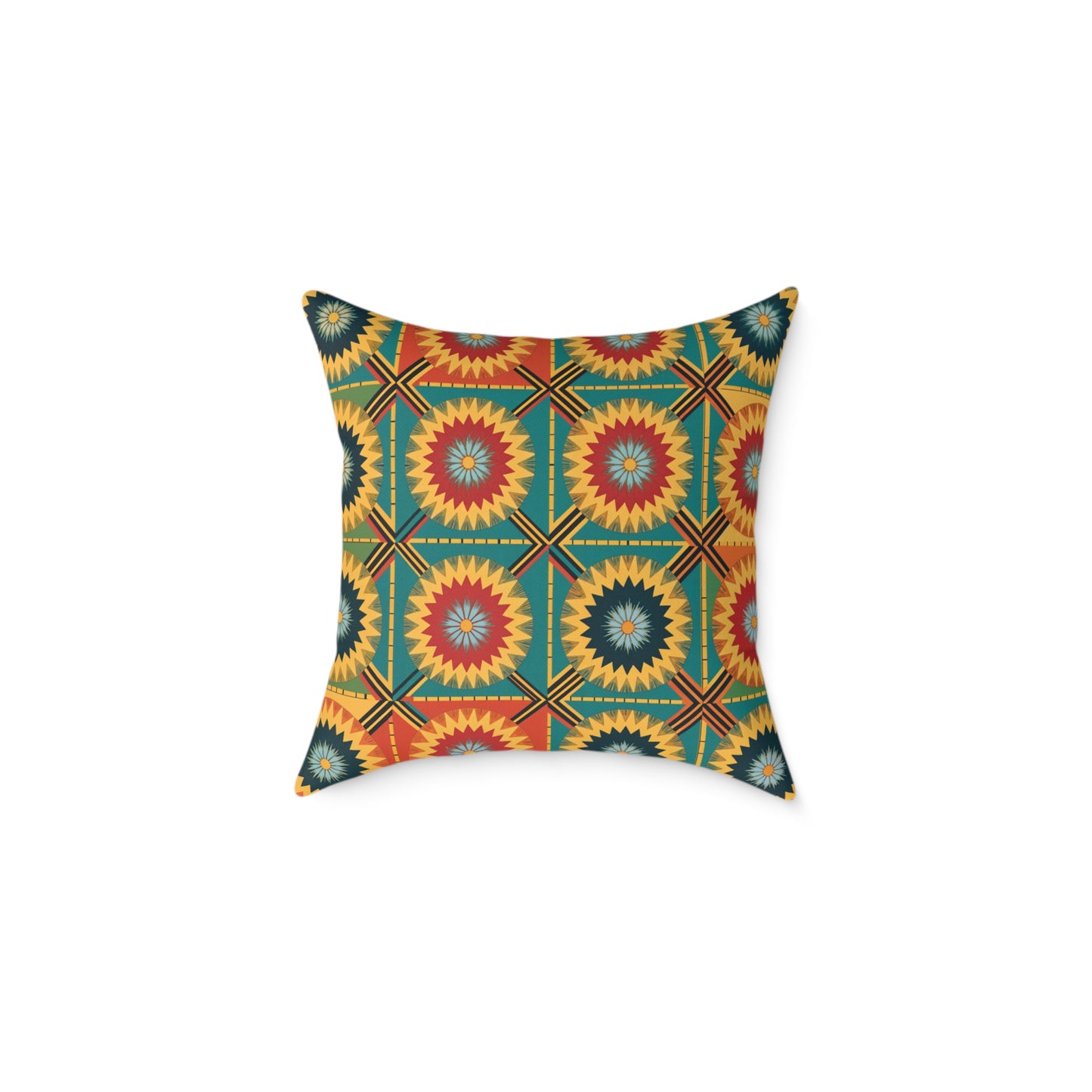 A square colorful accent pillow with a bold geometric pattern featuring concentric starburst shapes in yellow, red, blue, and green. Symmetrically repeating across a white background, it brings vibrant home decor style to any space.