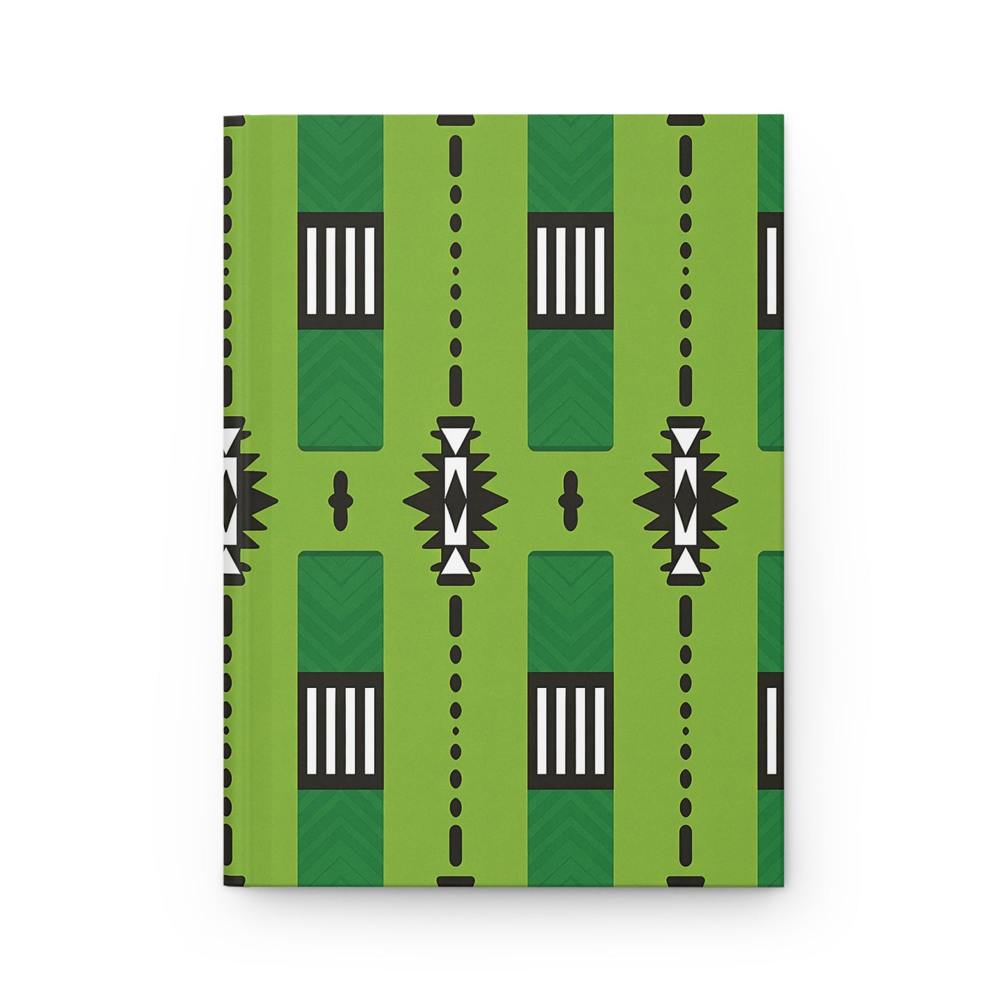 An African-inspired notebook with a green cover features a repeating geometric pattern. Vertical black lines, white rectangles with stripes, chevrons, and starburst motifs are arranged in rows—perfect as a lined writing journal.