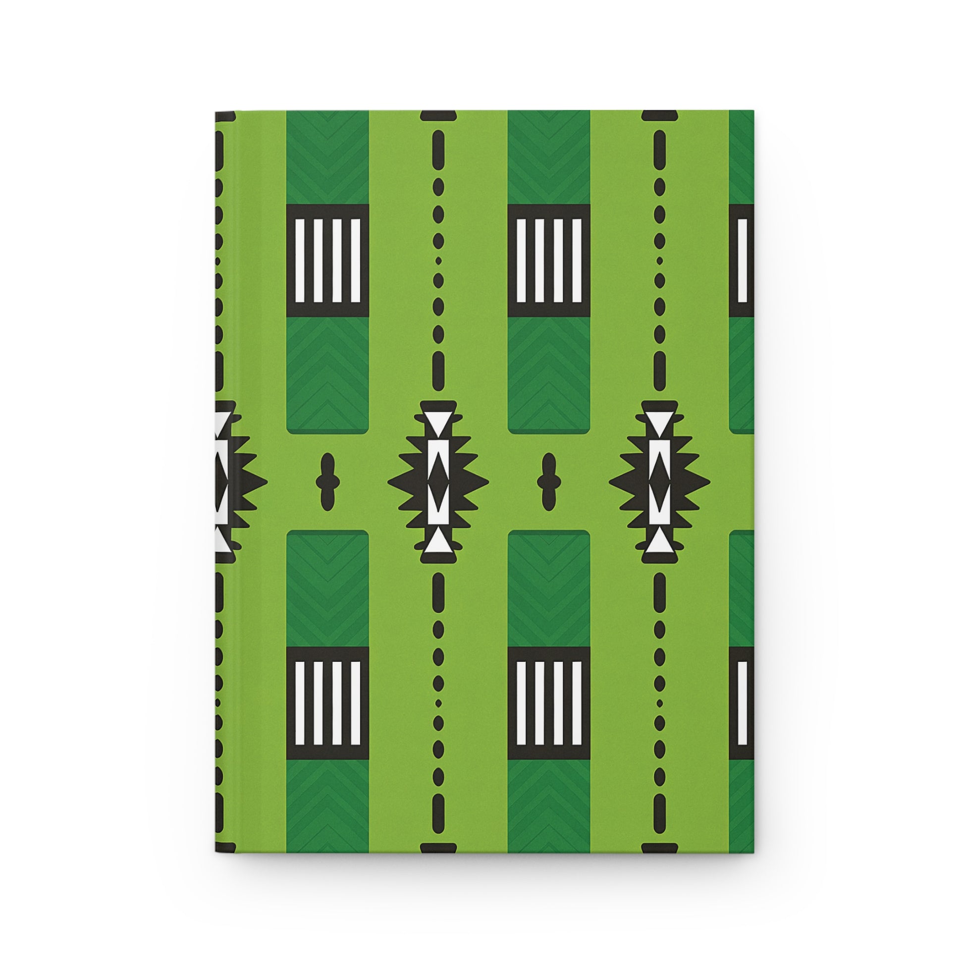 An African-inspired notebook with a green cover features a repeating geometric pattern. Vertical black lines, white rectangles with stripes, chevrons, and starburst motifs are arranged in rows—perfect as a lined writing journal.