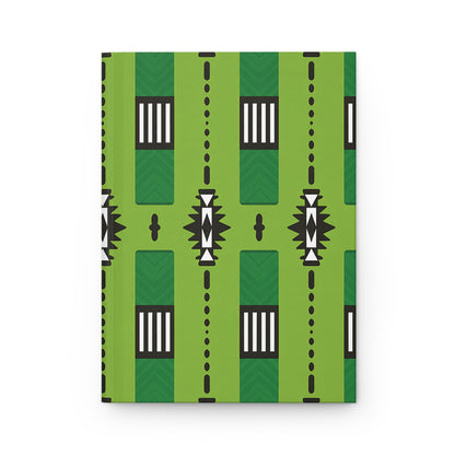 An African-inspired notebook with a green cover features a repeating geometric pattern. Vertical black lines, white rectangles with stripes, chevrons, and starburst motifs are arranged in rows—perfect as a lined writing journal.