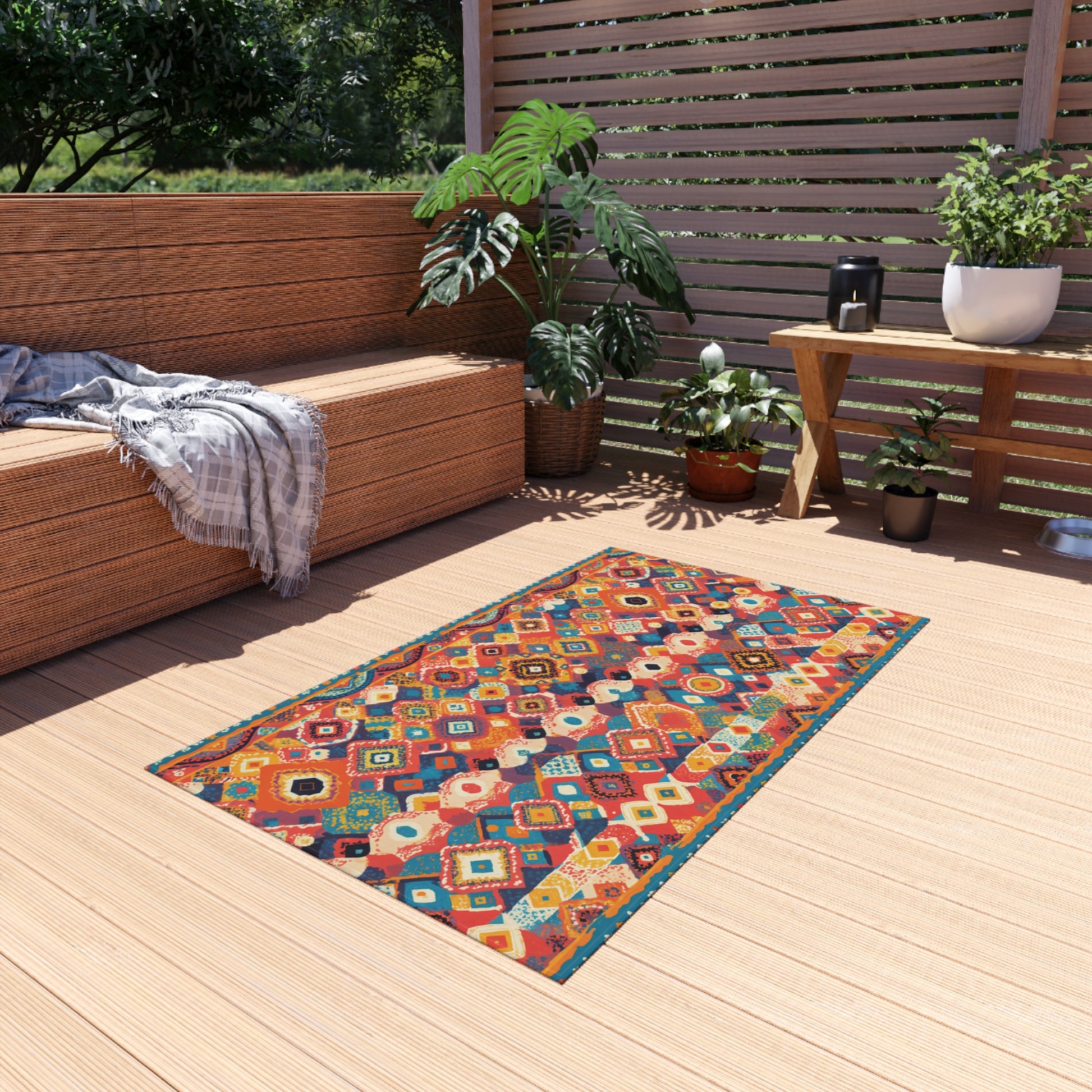 An African-inspired, colorful patterned rug lies on a light wooden deck, surrounded by potted plants and wooden benches with gray cushions and a plaid throw. Sunlight streams in, creating a cozy outdoor seating area with a privacy screen of horizontal wooden slats.