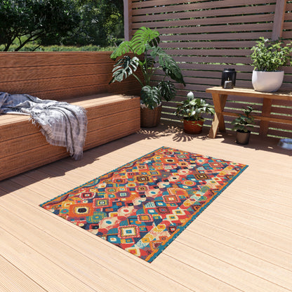 An African-inspired, colorful patterned rug lies on a light wooden deck, surrounded by potted plants and wooden benches with gray cushions and a plaid throw. Sunlight streams in, creating a cozy outdoor seating area with a privacy screen of horizontal wooden slats.