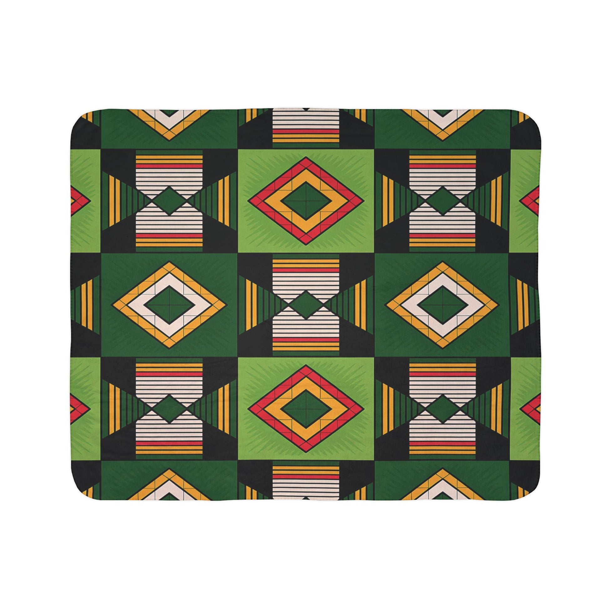 A geometric pattern with repeating diamond and square shapes in vibrant hues, this African-inspired fleece blanket features layered lines and bold contrasts, creating a visually dynamic, symmetrical grid—perfect for adding cozy home decor to any space.
