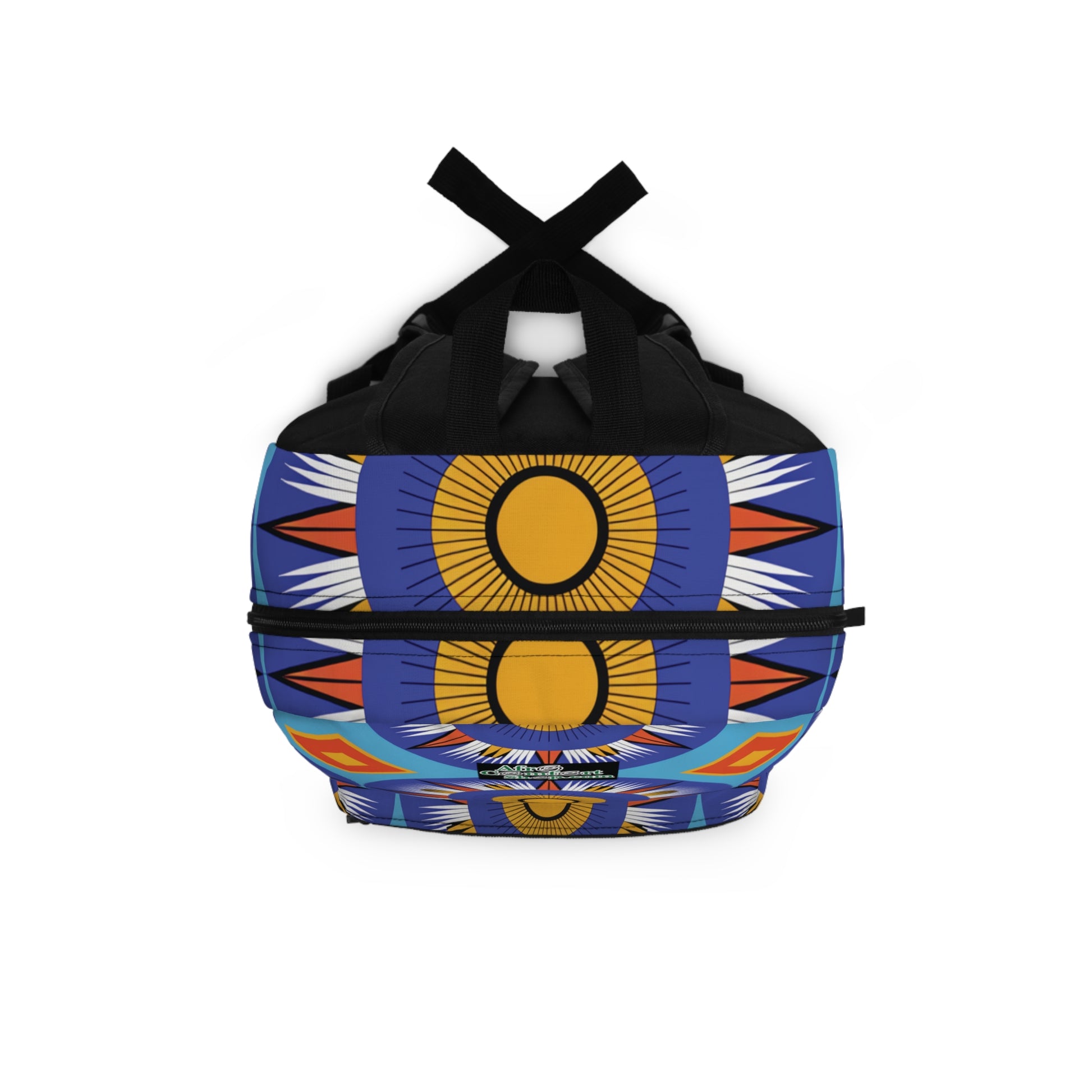 A duffle bag with black handles features a bold design of yellow suns with radiating orange, white, and blue patterns on a blue background. The geometric motifs give this vibrant backpack a striking, symmetrical look.