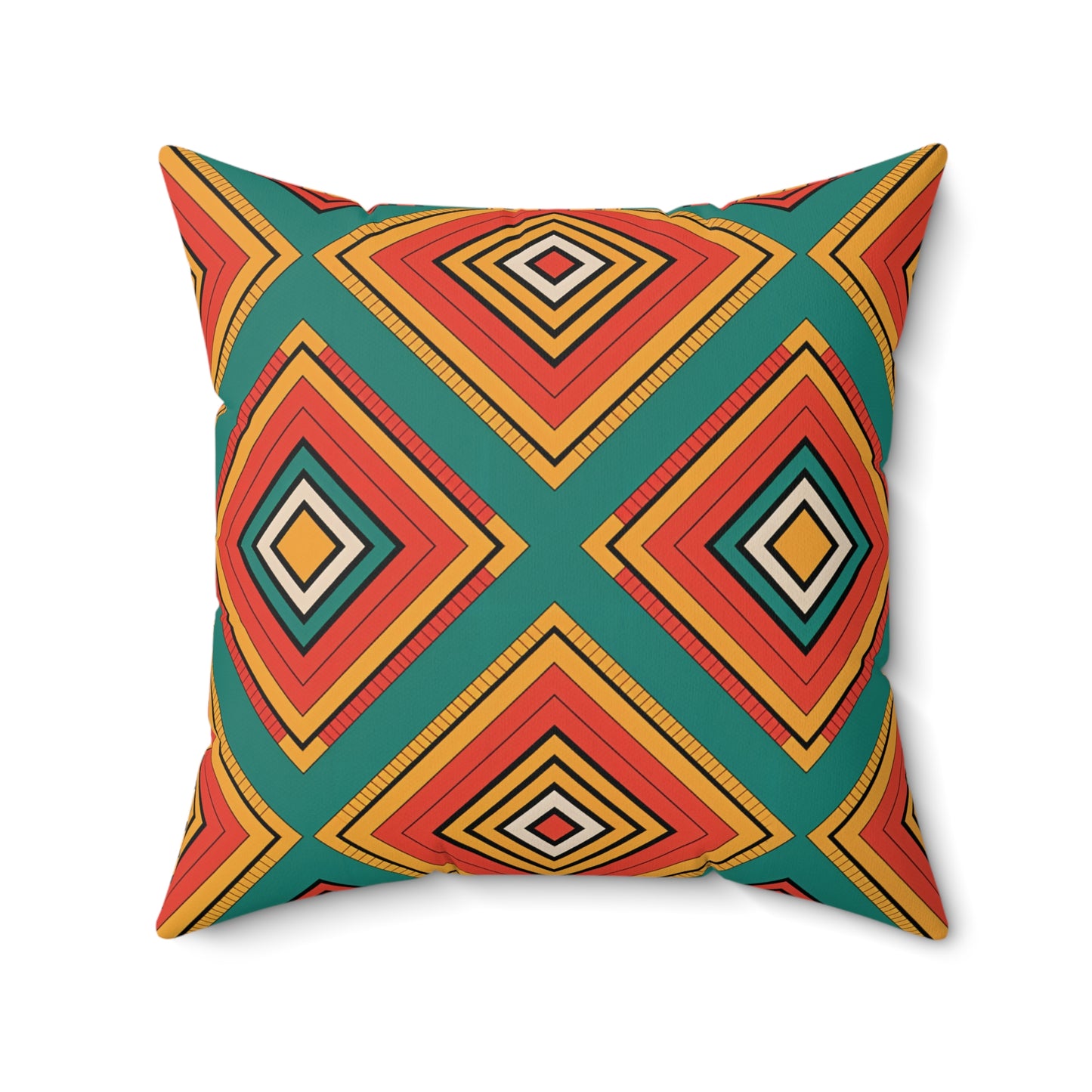 Square faux suede pillow with a bold geometric pattern of diamond shapes in orange, red, yellow, black, and teal. This decorative throw pillow features symmetrical concentric diamonds for a modern, eye-catching African accent against a white background.