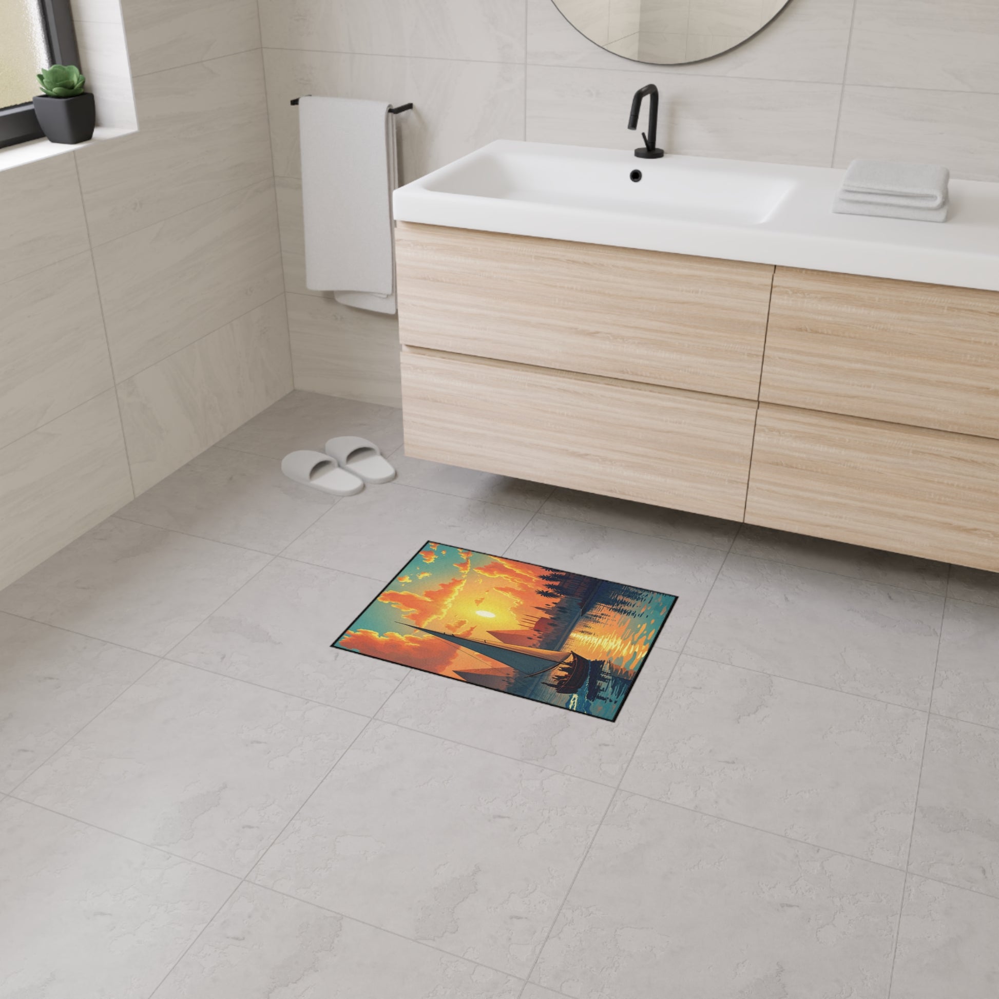Modern bathroom with light tiled floors and walls, a light wood vanity with a white sink, a round mirror, white towel, and slippers. A colorful bath mat with non-slip rubber backing features a sunset, sailboat, and palm trees near the sink.