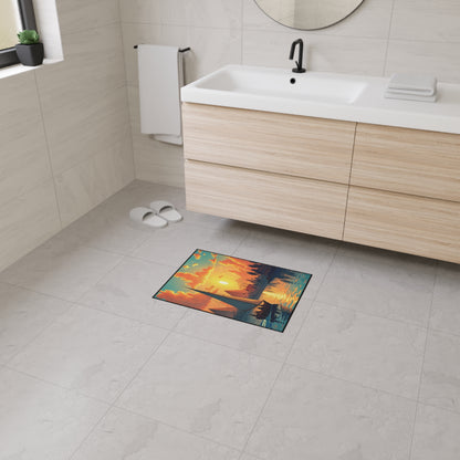 Modern bathroom with light tiled floors and walls, a light wood vanity with a white sink, a round mirror, white towel, and slippers. A colorful bath mat with non-slip rubber backing features a sunset, sailboat, and palm trees near the sink.