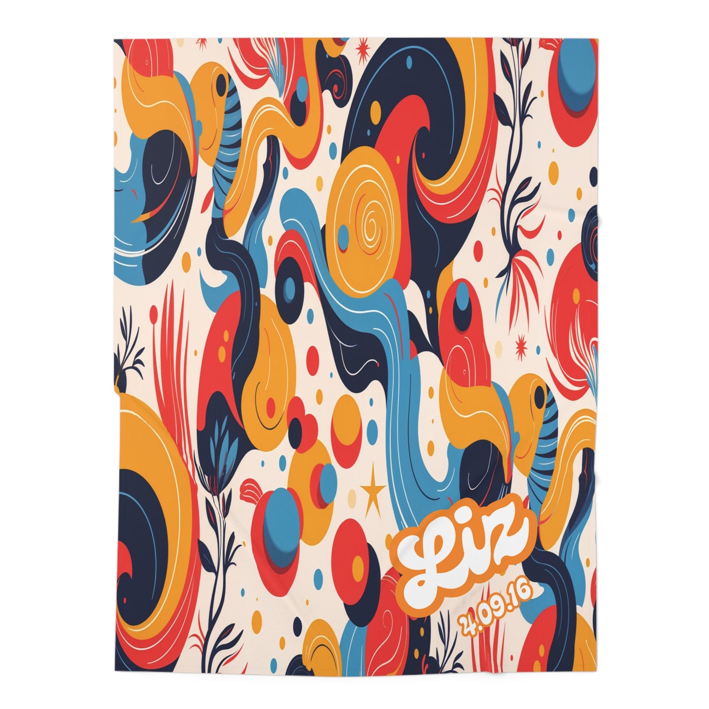 A vibrant, abstract design with swirling shapes in navy, yellow, red, and blue. Circular and wavy forms fill the background, inspired by African-inspired decor. In the bottom right, Liz and 2.09.16 are written in bold bubble letters.