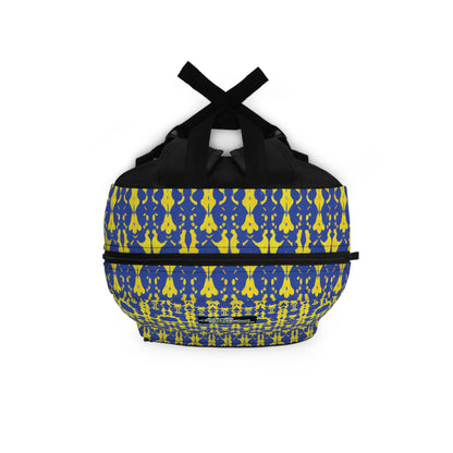 A round duffel bag with black handles and a zipper, this African-inspired backpack features a blue background with a repeating yellow pattern resembling stylized flowers, creating a bold, modern design. The top and bottom share the same striking motif.