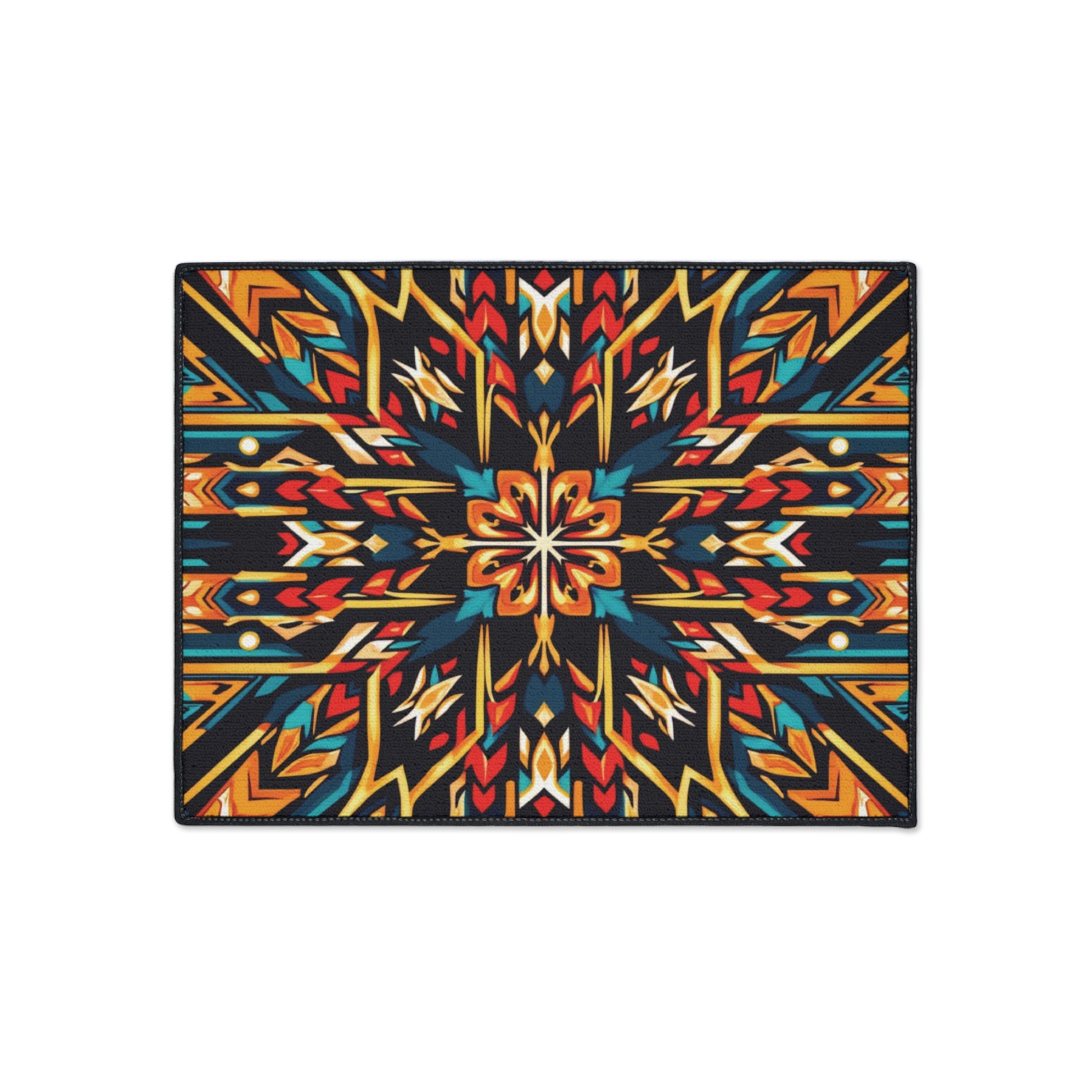 Rectangular non-slip rug with a vibrant symmetrical pattern featuring geometric shapes in red, orange, yellow, blue, and teal on a black background. The design radiates from the center, perfect for African-inspired home decor.