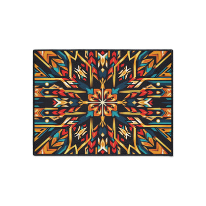 Rectangular non-slip rug with a vibrant symmetrical pattern featuring geometric shapes in red, orange, yellow, blue, and teal on a black background. The design radiates from the center, perfect for African-inspired home decor.