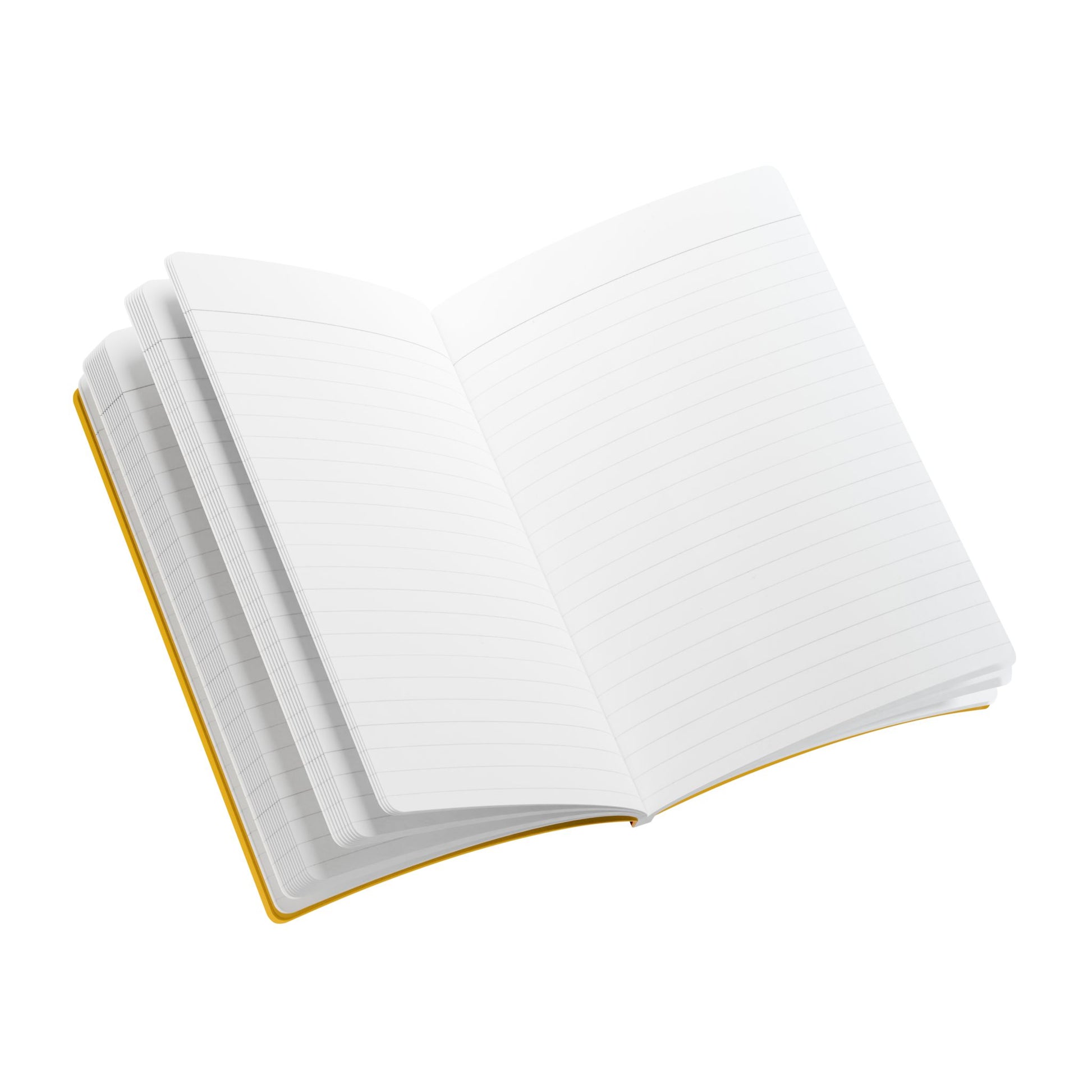 An open notebook with a yellow spine lies on a white background. Ideal for creative journaling or as a travel diary, its white pages with light gray lines are fanned slightly, offering a fresh canvas free of writing or decoration.