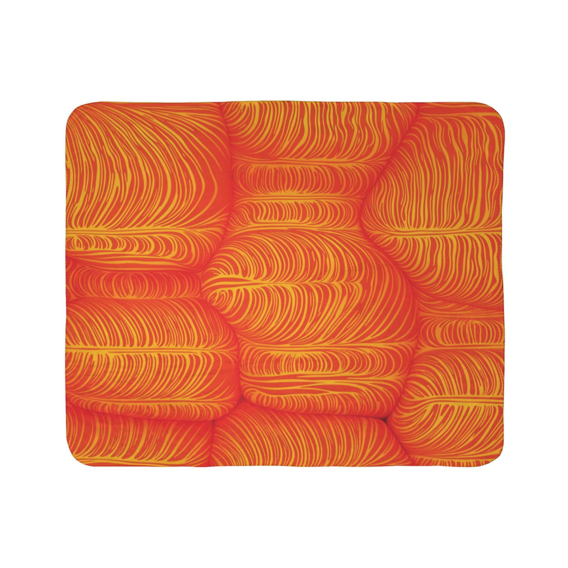 A rectangular sherpa-backed fleece blanket with an abstract pattern of curved, wavy yellow lines on a bright orange background, creating a textured look that adds cozy home decor style reminiscent of stylized cells or fibers.