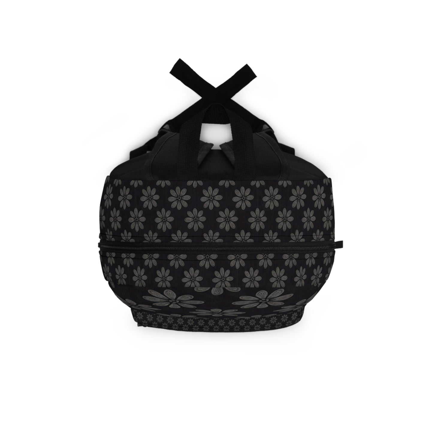 A black duffel bag with short handles and a zipper, decorated with a pattern of light grey flowers evenly spaced across the surface. This boho chic rucksack is set against a plain white background.