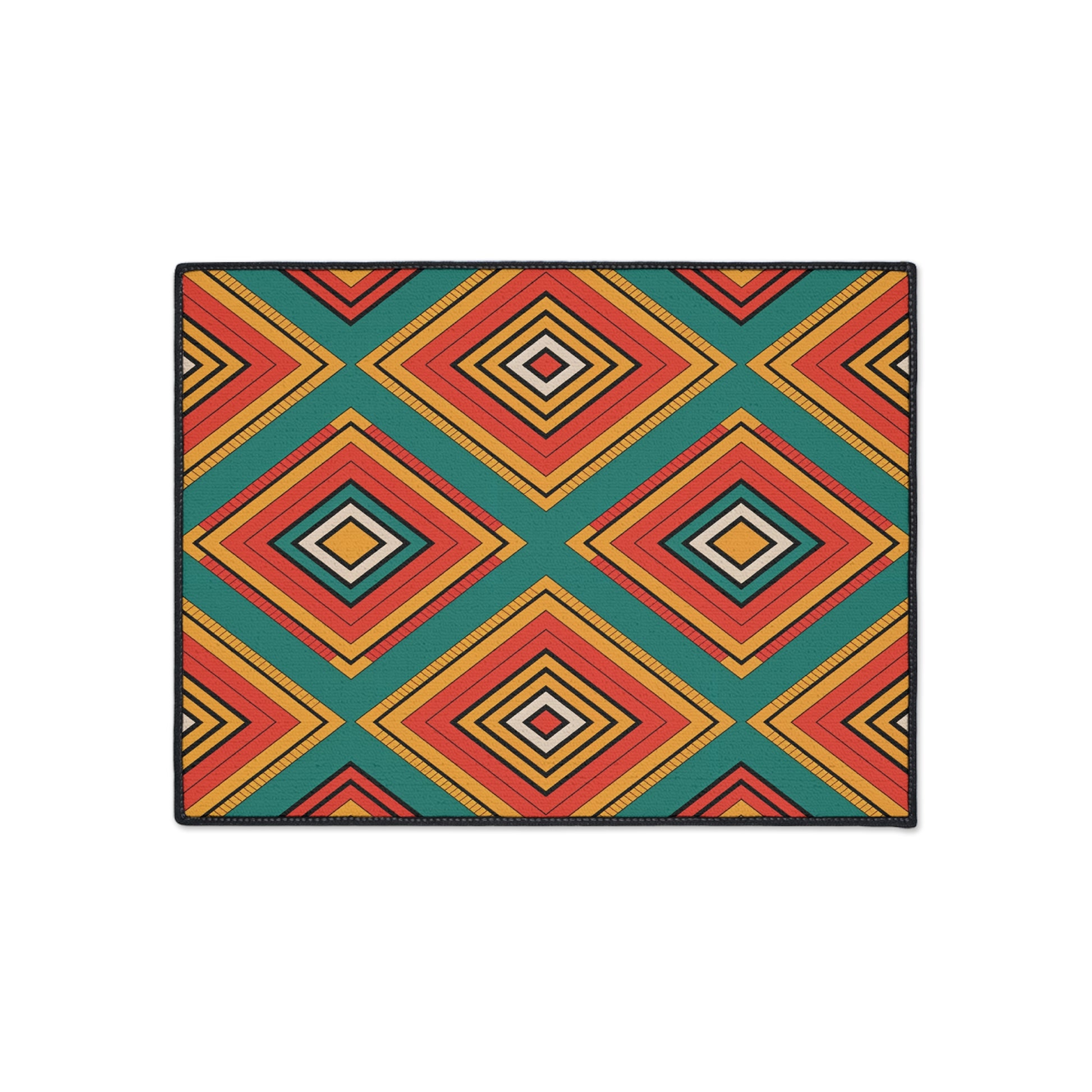 Rectangular mat with a bold geometric pattern of diamond shapes in orange, red, yellow, and teal arranged in rows. Featuring African-inspired aesthetics on a white background, this mat includes a black border and non-slip rubber backing for stability.