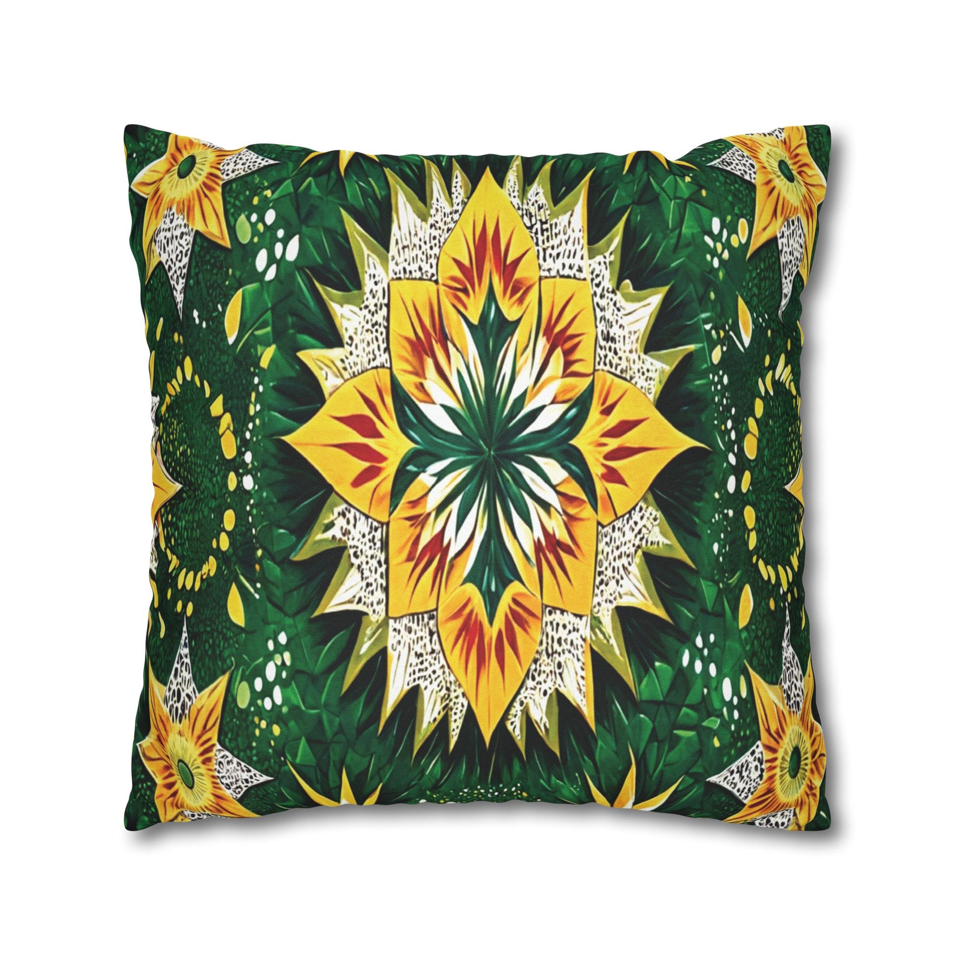 A rectangular pillow featuring bold mandala-inspired African patterns with symmetrical yellow, green, white, and orange shapes resembling stylized flowers and leaves, set against a dark green background—perfect for those who love vibrant pillowcases.