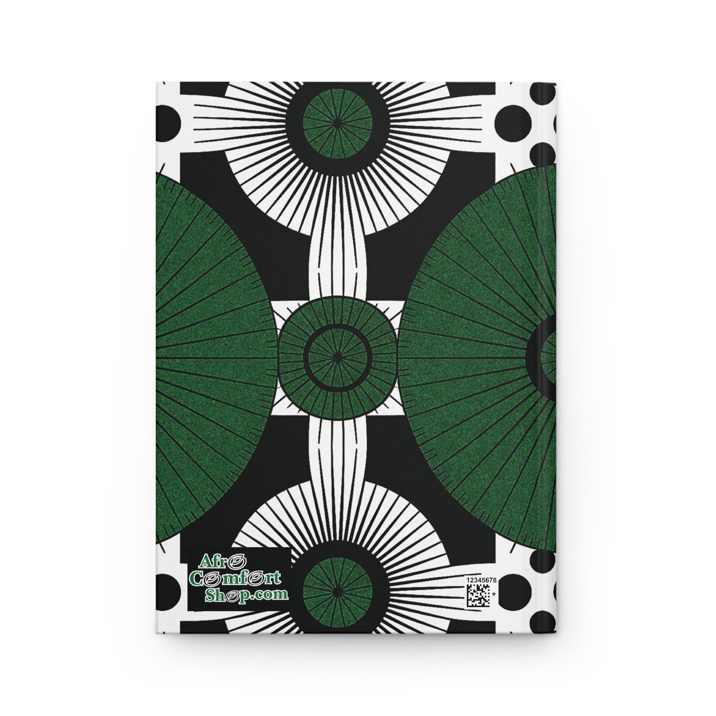 A hardcover notebook with an abstract, geometric pattern of large green and white circular shapes and black rays, intersected by rectangles. This bold, symmetrical African-inspired journal features “Afro ComfArt shop.com” in white at the bottom left.