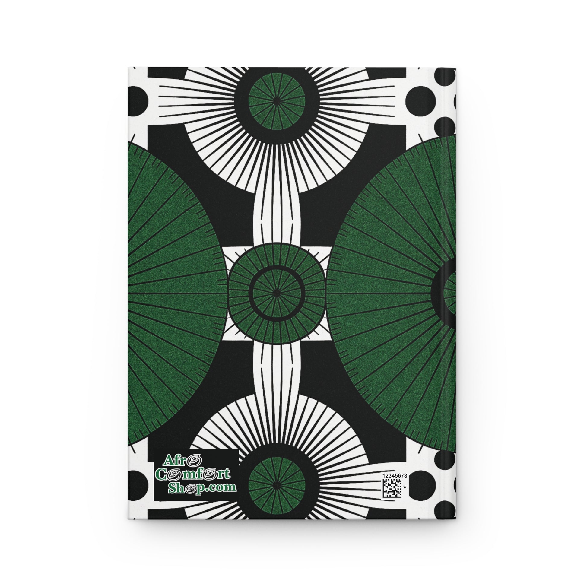 A hardcover notebook with an abstract, geometric pattern of large green and white circular shapes and black rays, intersected by rectangles. This bold, symmetrical African-inspired journal features “Afro ComfArt shop.com” in white at the bottom left.