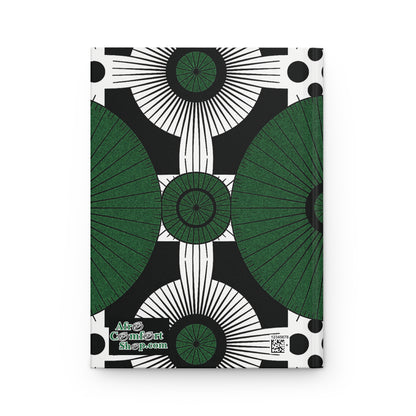 A hardcover notebook with an abstract, geometric pattern of large green and white circular shapes and black rays, intersected by rectangles. This bold, symmetrical African-inspired journal features “Afro ComfArt shop.com” in white at the bottom left.