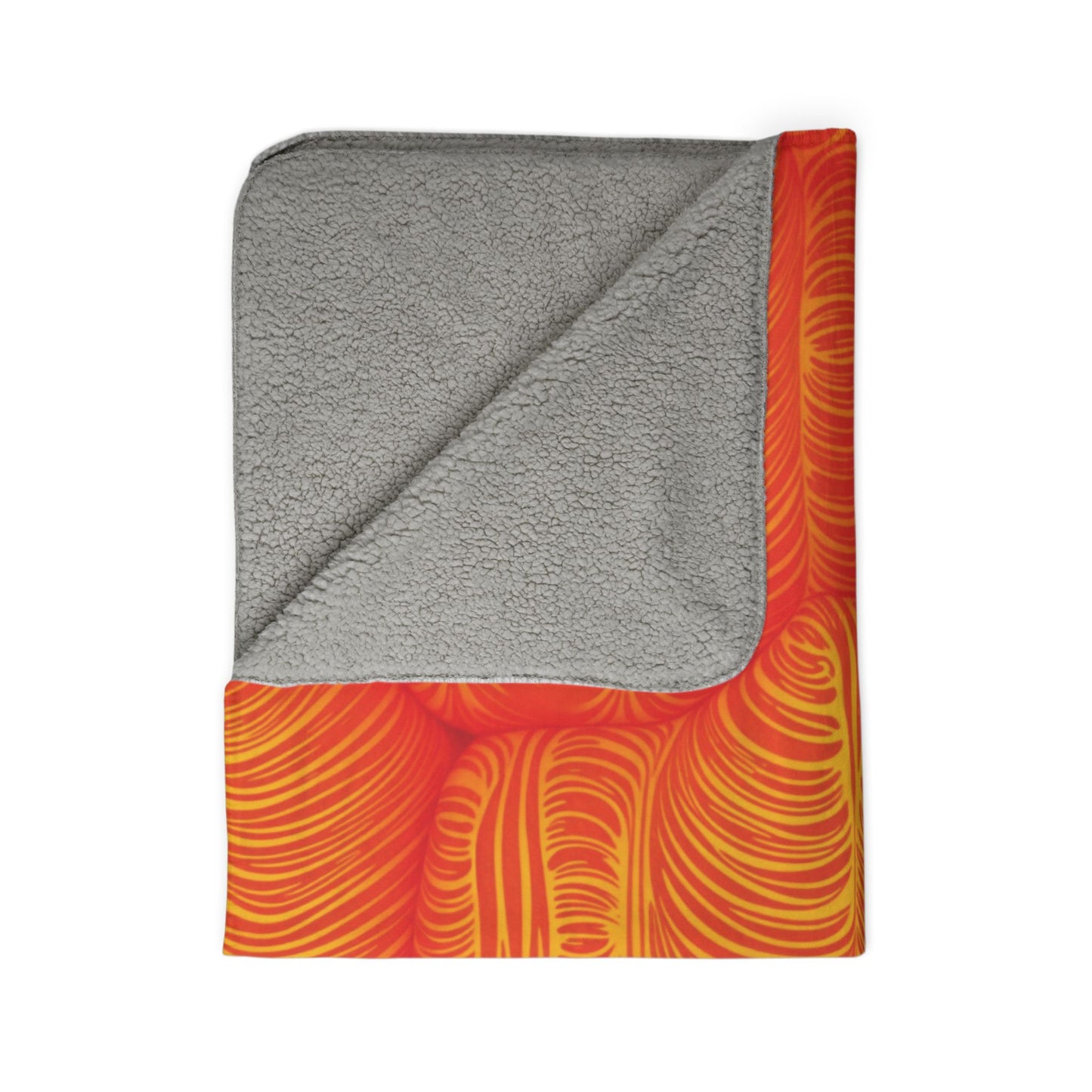 A folded sherpa fleece blanket with a soft, light gray sherpa lining on one side and a vibrant, abstract pattern of swirling orange and yellow lines on the other—perfect for adding cozy home decor to any space.