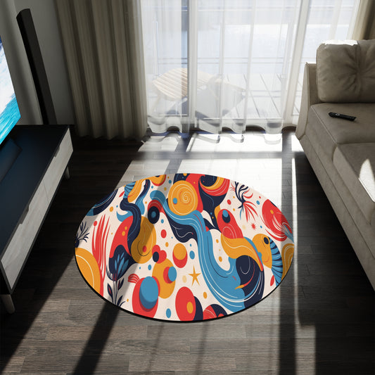 A round rug with durable construction and vibrant colors features swirling blue, red, yellow, and orange shapes and dots on a dark wooden floor in a sunlit living room near a beige sofa, TV, and large windows with sheer white curtains.