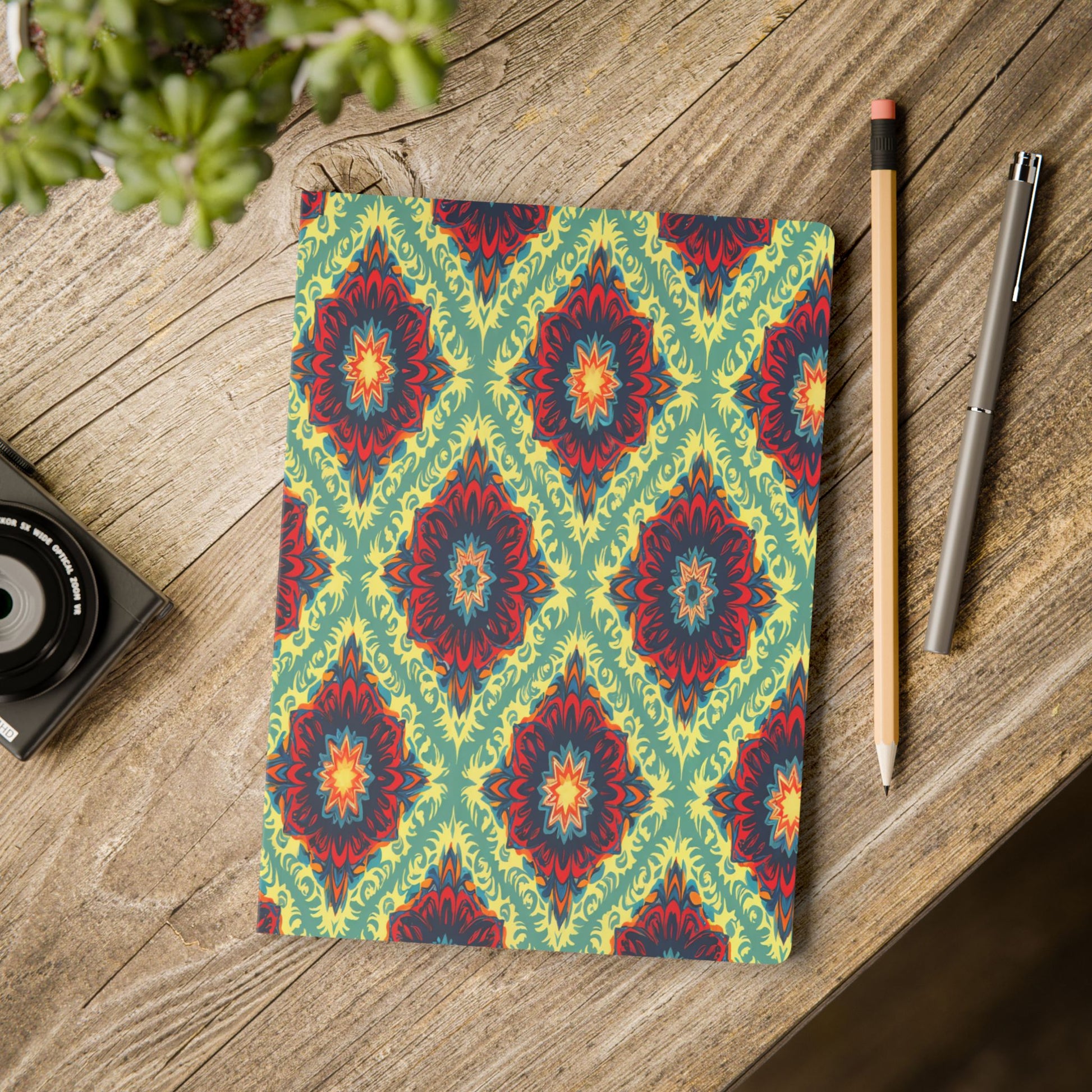 A patterned African-inspired journal with a vibrant, geometric floral design in red, yellow, and green lies on a wooden desk. Nearby are a pencil, pen, camera, and part of a green potted plant visible in the top left corner.