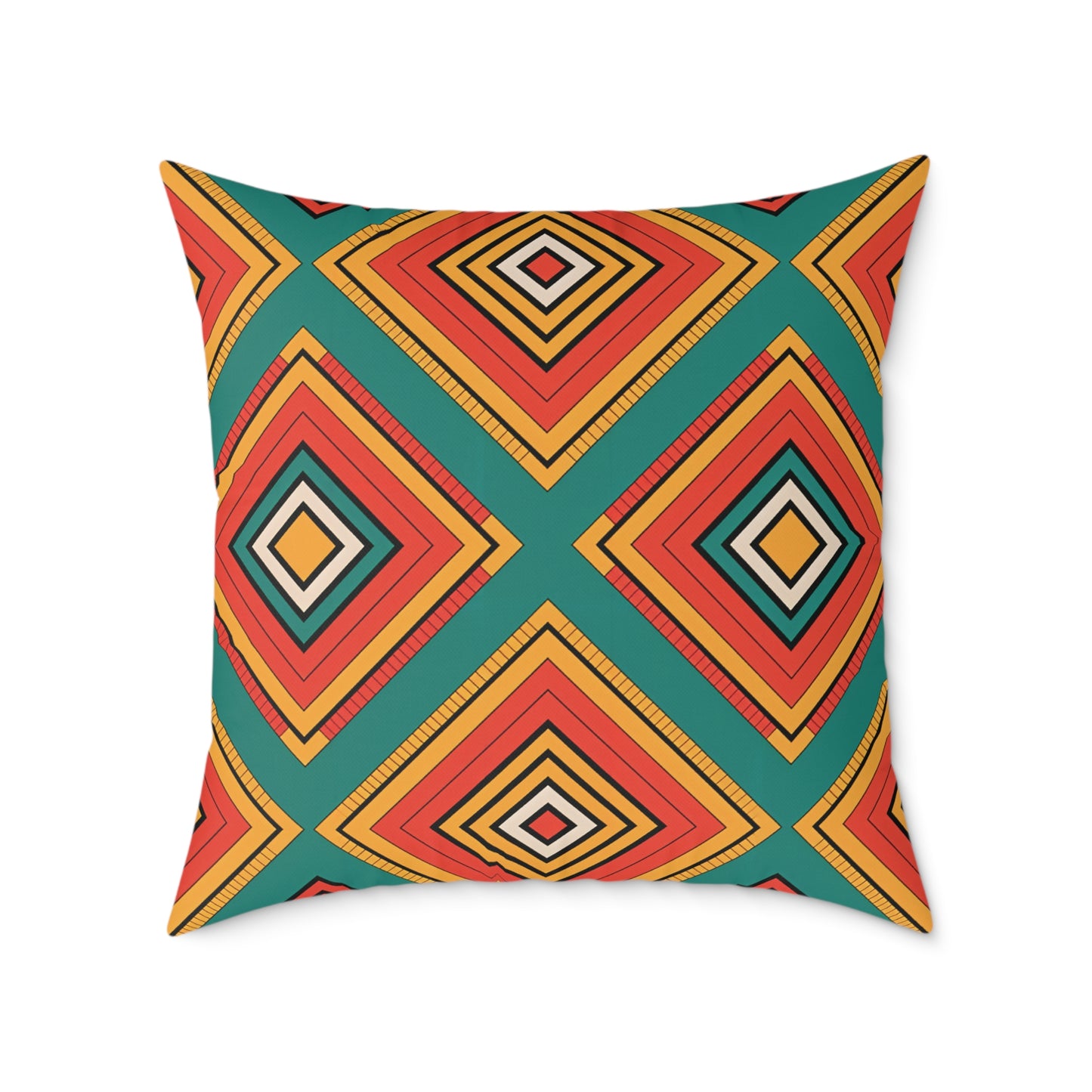 Square vibrant accent pillow with a geometric pattern of overlapping diamond shapes in red, orange, teal, yellow, and black. The symmetrical design features bold outlines and a modern, African-inspired aesthetic on a teal background.