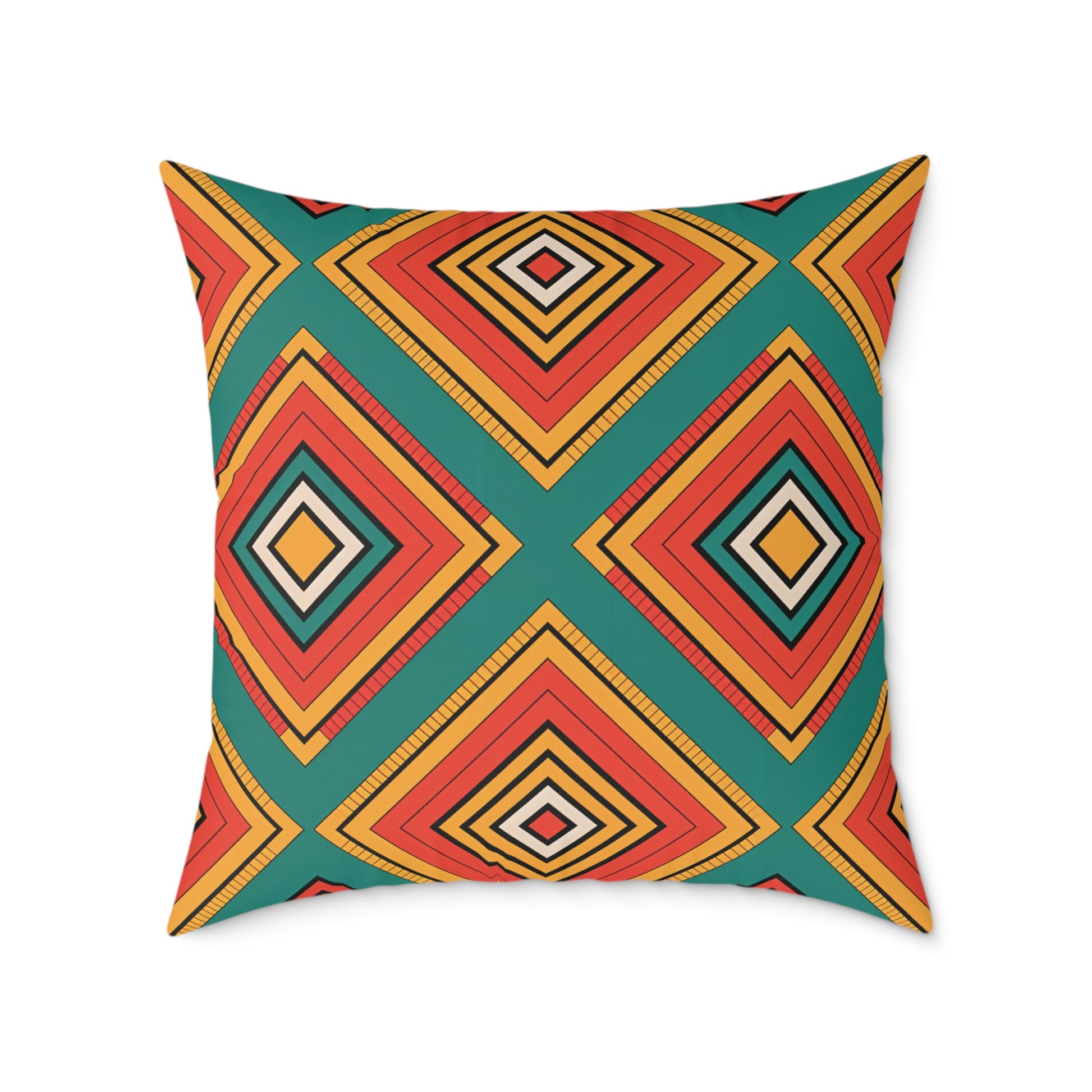 Square vibrant accent pillow with a geometric pattern of overlapping diamond shapes in red, orange, teal, yellow, and black. The symmetrical design features bold outlines and a modern, African-inspired aesthetic on a teal background.