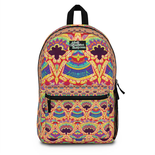 A colorful, African-inspired backpack with ornate, symmetrical patterns in bright yellow, orange, red, blue, and purple. The front features a zippered pocket and an Alter Current Elephant patch. Includes a black top handle and side mesh pocket.