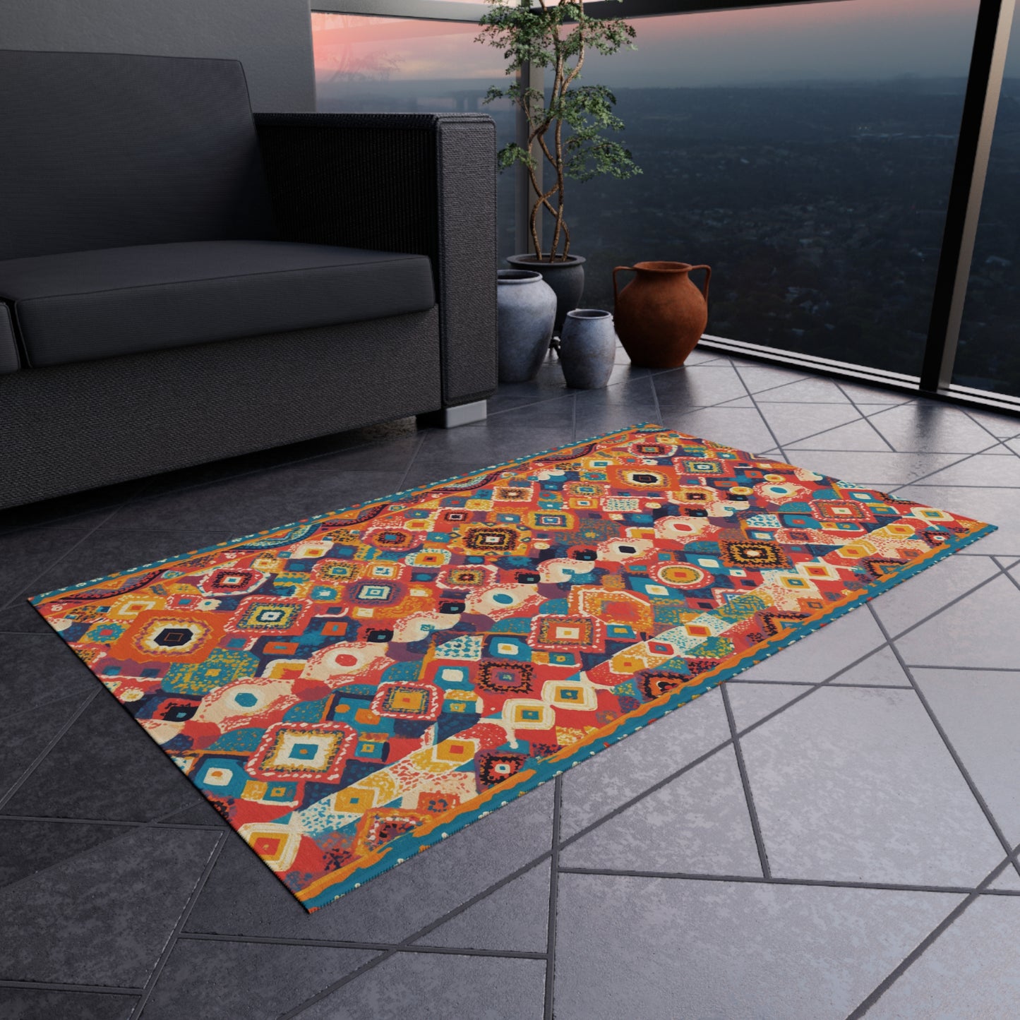 A colorful, African-inspired geometric-patterned rug lies on a tiled floor in a modern balcony space. A dark sectional sofa, potted plant, and vase decorate the area. Large windows reveal a cityscape at dusk in the background.