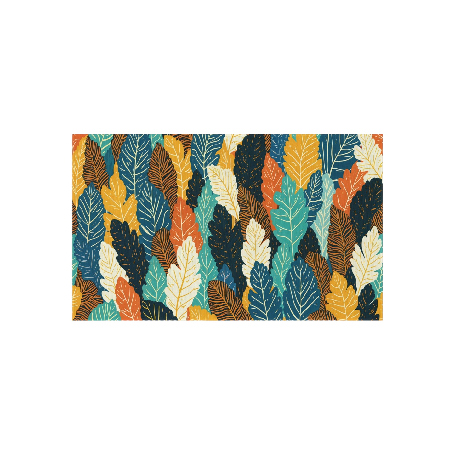 A rectangular pattern of overlapping leaves in orange, yellow, teal, turquoise, cream, and dark blue. Each leaf is outlined with thin, dark lines showing veins, creating a vibrant and colorful African-inspired design on a white background.