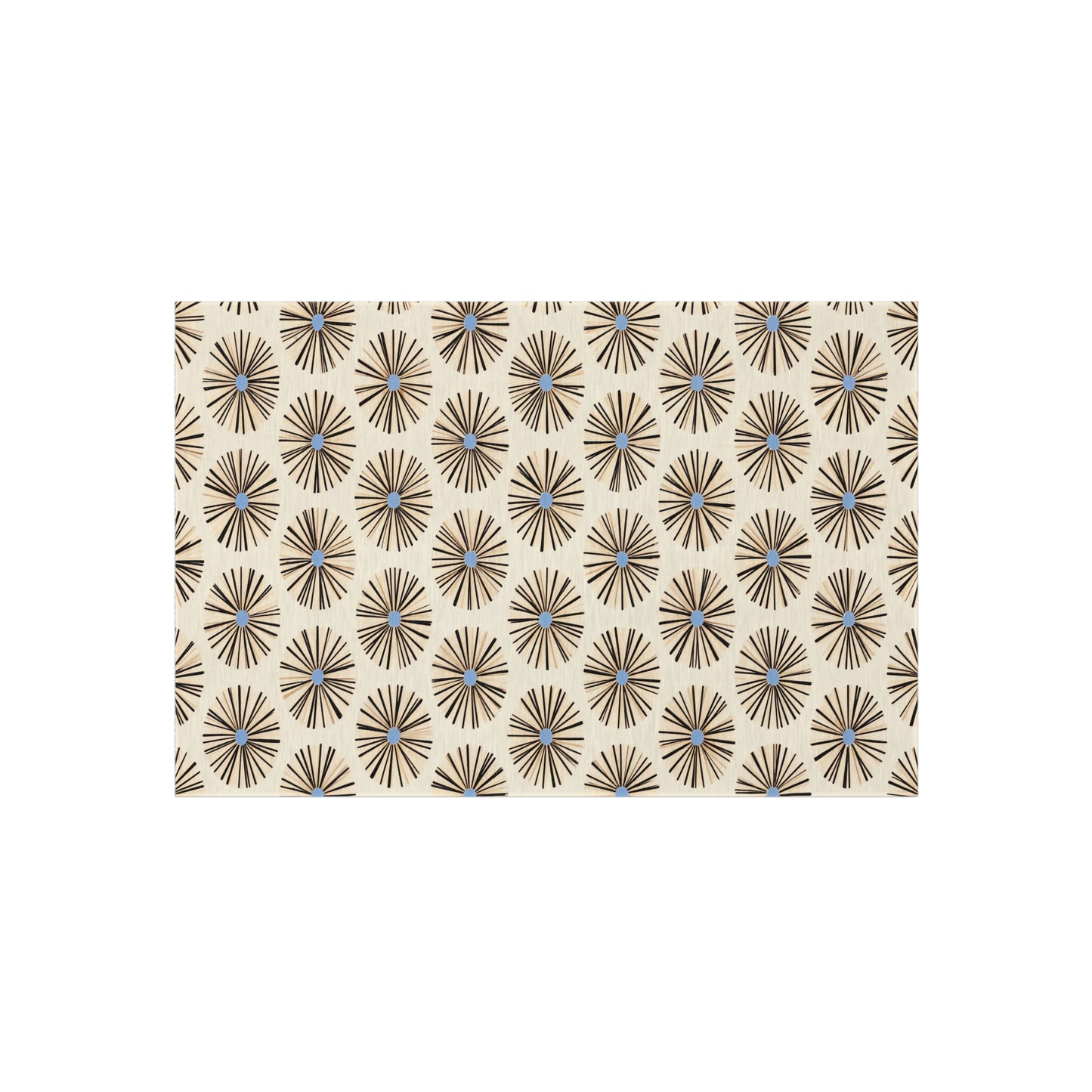 A rectangular beige rug with a repeating geometric pattern of radial black lines forming starburst shapes, each with a small blue dot at the center. This African-inspired outdoor rug is made from weather-resistant polyester chenille for lasting beauty.