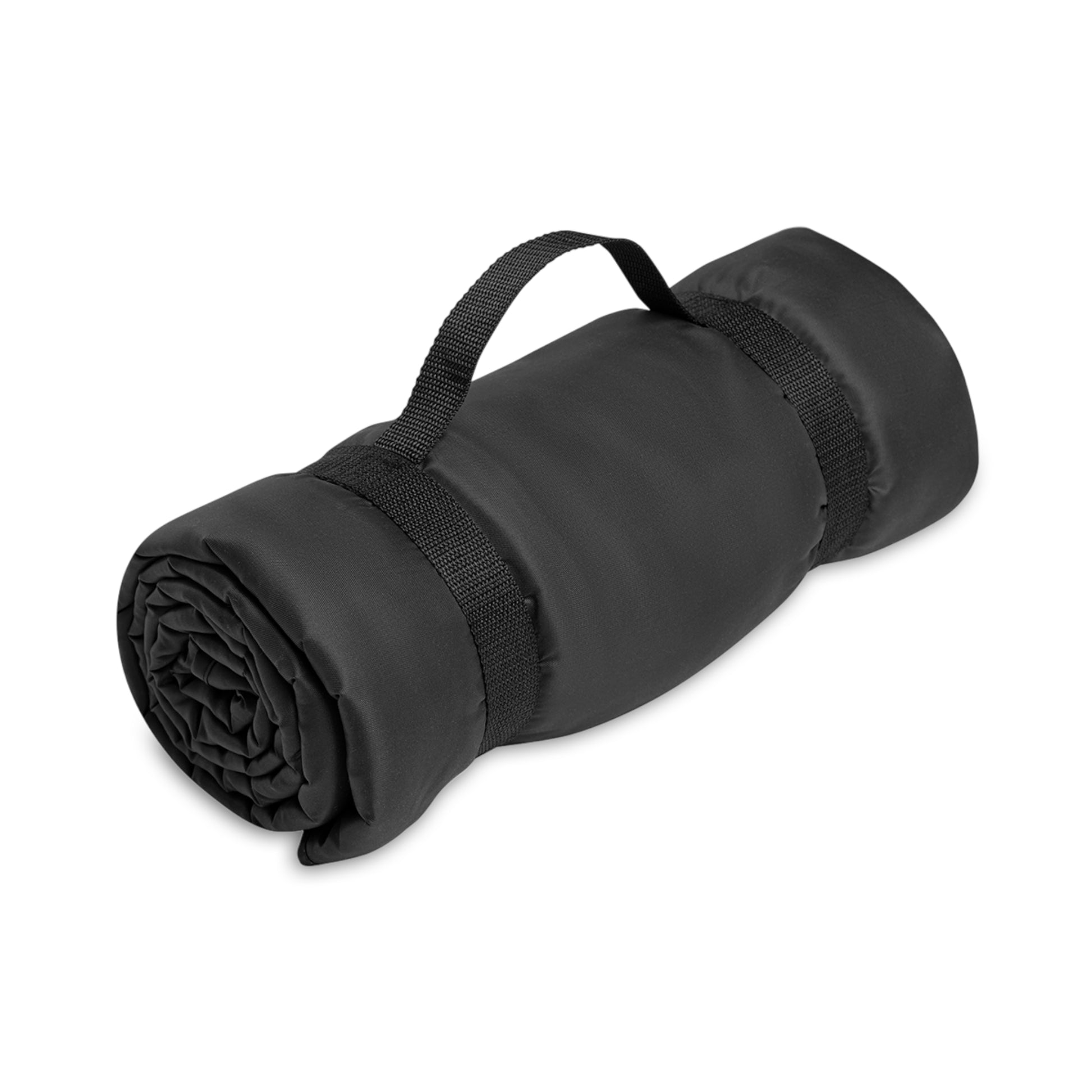 A rolled-up black water-resistant blanket or mat secured with two black straps and a carrying handle, set against a plain white background. The compact design suggests it is portable, ideal for camping or creating your own outdoor sanctuary.