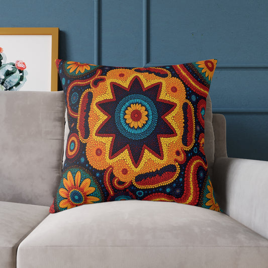 A beige sofa with a vibrant throw pillow featuring a bold, abstract pattern of concentric flowers and wavy shapes in red, yellow, blue, and orange. A framed cactus illustration rests in the background against a dark blue wall.
