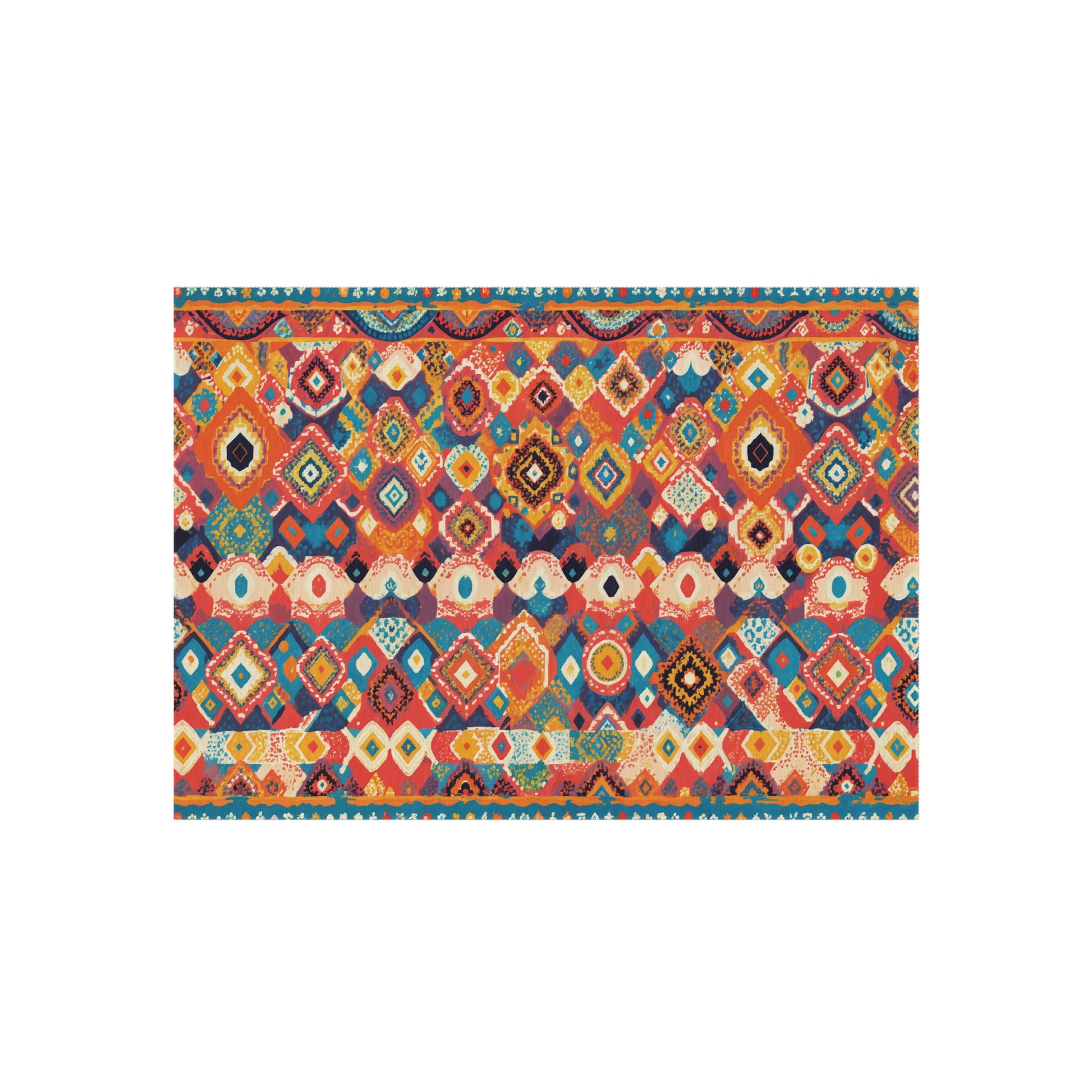 A rectangular rug with a colorful, intricate African-inspired geometric pattern, featuring diamonds, zigzags, and triangles in shades of red, orange, blue, teal, yellow, and white set against a plain white background.