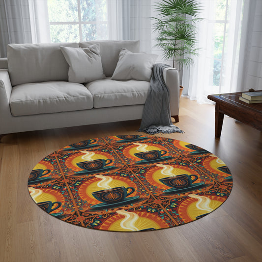 A bright living room with a white sofa, gray blanket, large windows, and a leafy plant. The floor features an African round rug in durable polyester chenille, showcasing vibrant patterns of coffee cups, sunbursts, and warm geometric shapes.